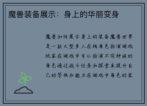 魔兽装备展示：身上的华丽变身